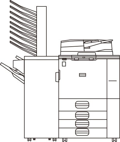 RICOH IM 7000 + フィニッシャー SR4150 + プリントポスト装着モデル(ファクス機能付き)の外観図