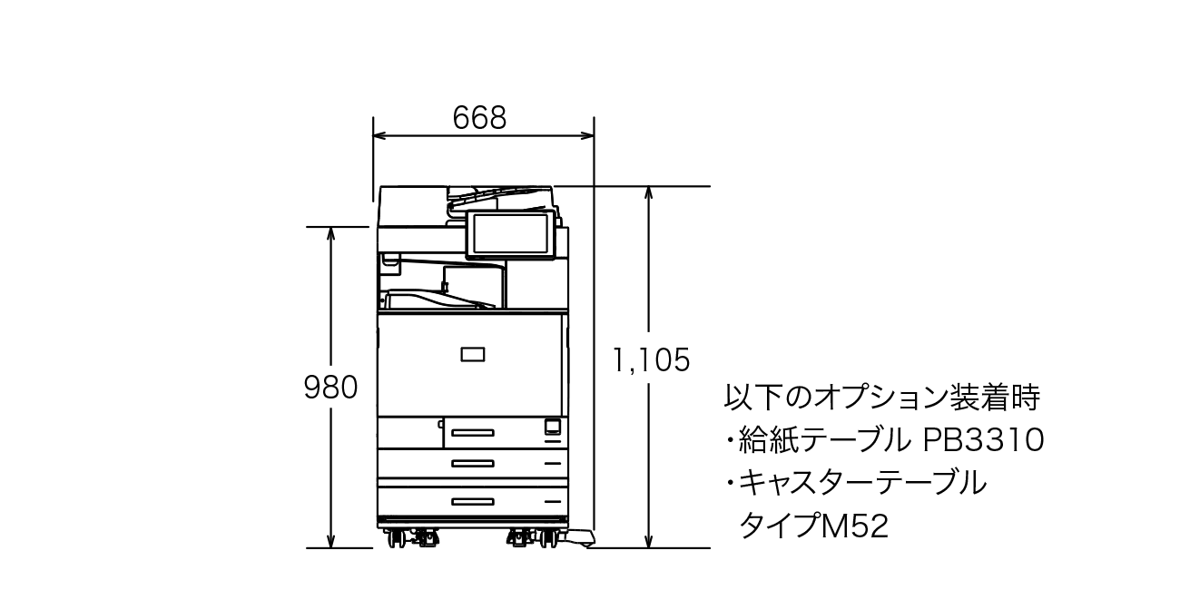 以下のオプション装着時の寸法図（給紙テーブル PB3310、キャスターテーブル タイプM52）