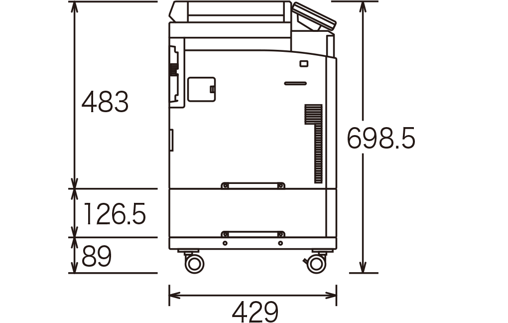 奥行き429mm、本体高さ483mm、給紙テープルPB1220高さ126.5mm、キャスターテーブル タイプM57高さ89mm、合計の高さ698.5mm