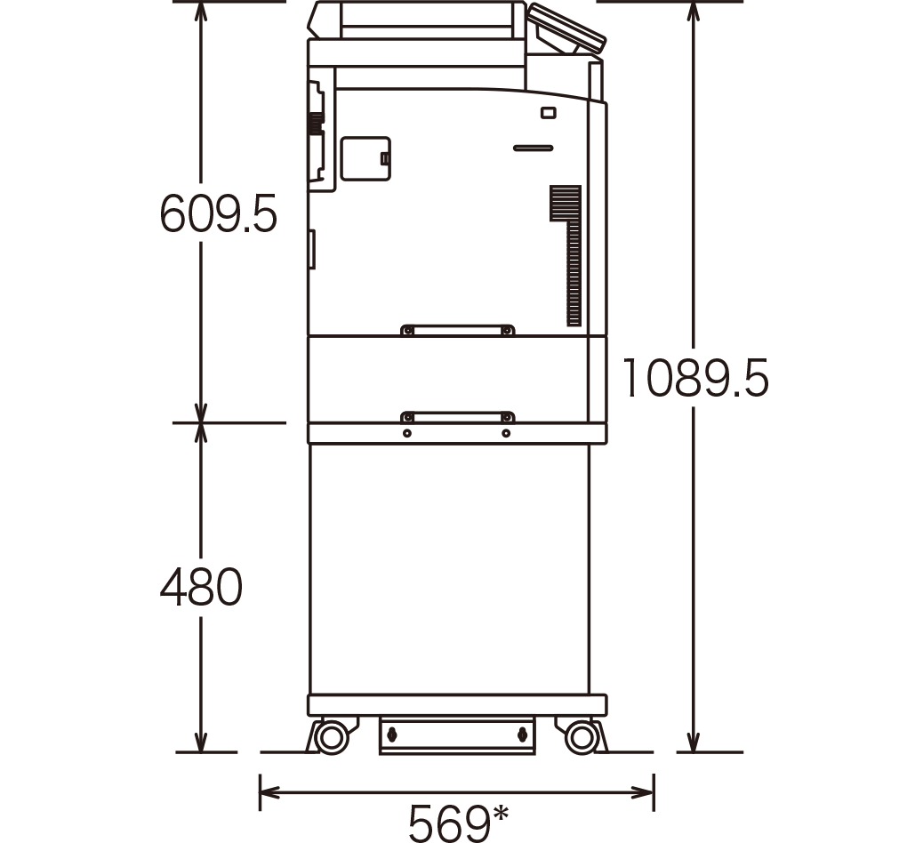 オプションを含む奥行き569mm、本体と給紙テープルPB1220の合計高さ609.5mm、サプライテーブル TB1050の高さ480mm、オプションを含む合計の高さ1089.5mm
