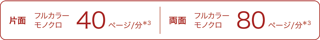 片面 フルカラー/モノクロ 40ページ/分*3、両面 フルカラー/モノクロ 80ページ/分*3