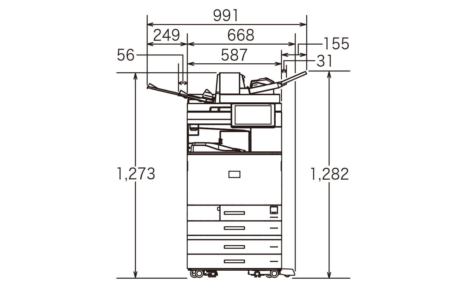 後述の内容を表した寸法図（本体正面図）。延長ガイド含む最大幅991mm、高さ1,282mm