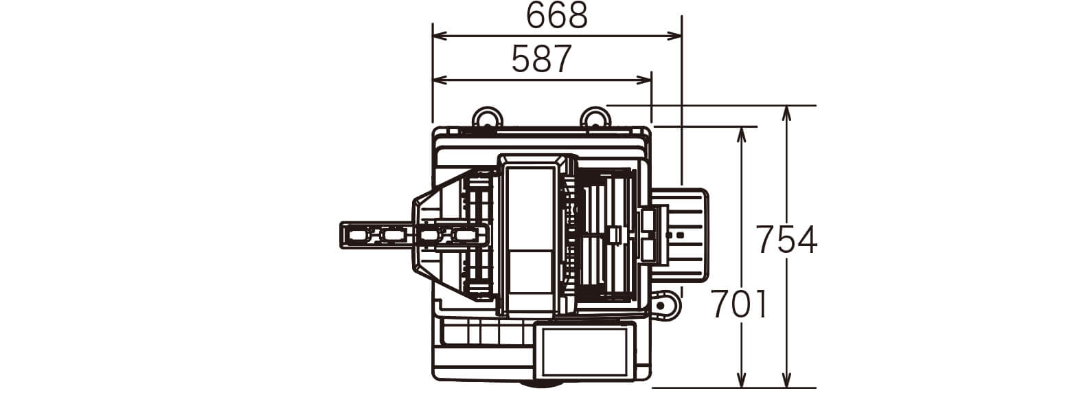 後述の内容を表した寸法図（本体上面図）。脚部含む最大幅668mm、奥行き754mm