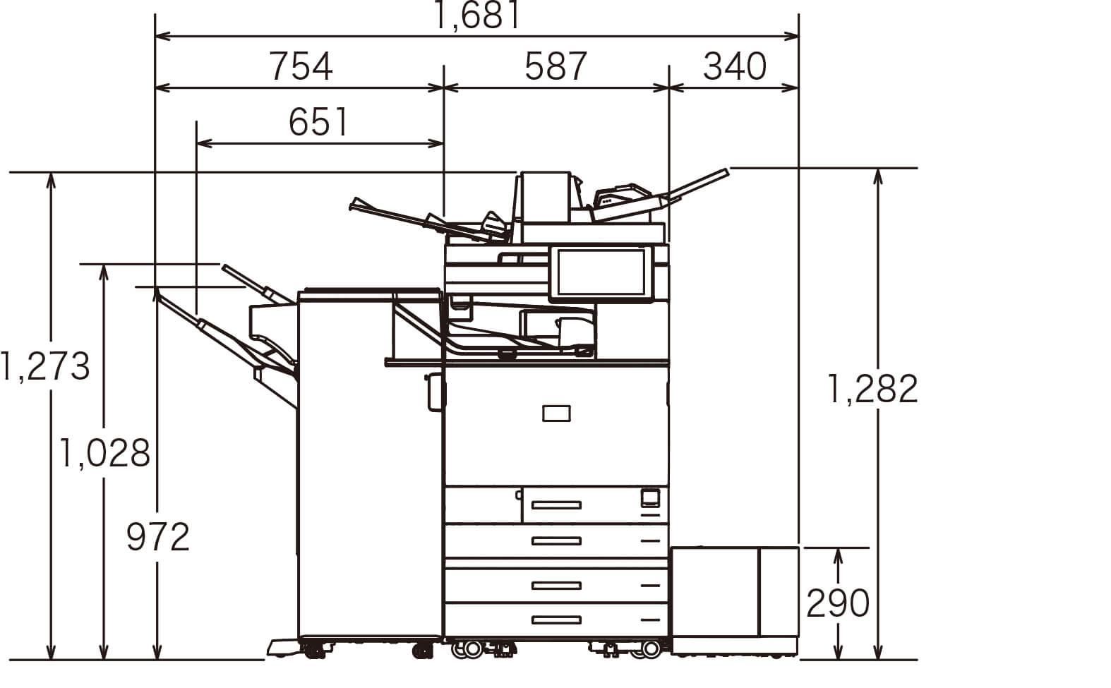 後述の内容を表した寸法図（本体正面図）。最大幅1,681mm、高さ1,282mm