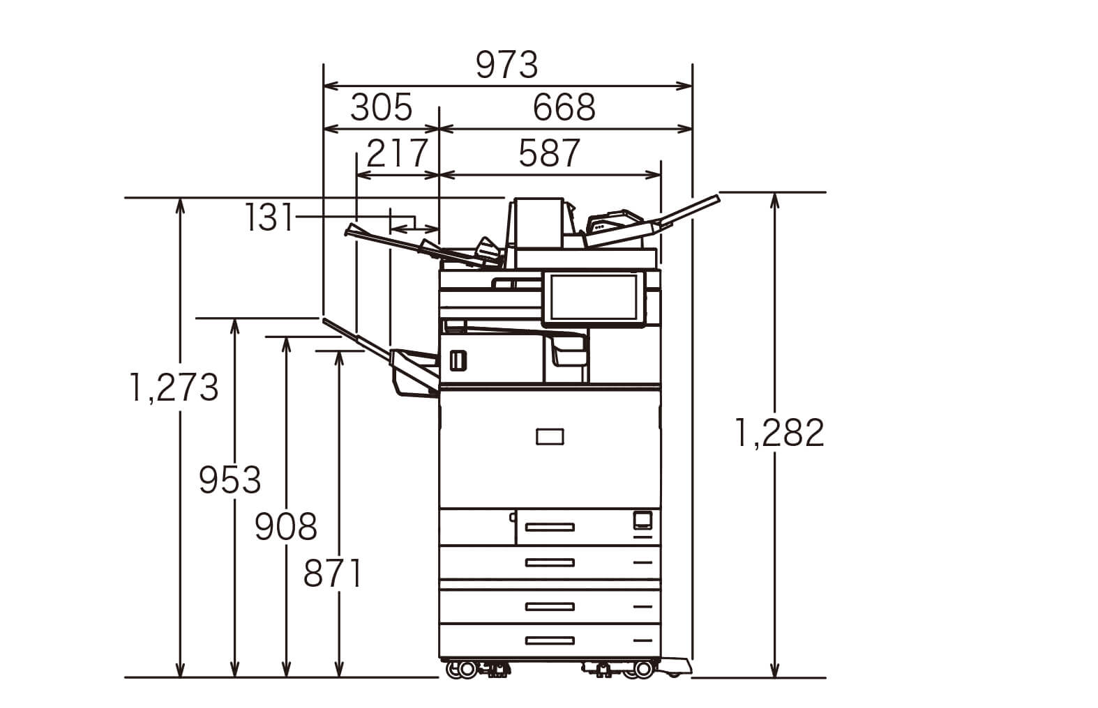 後述の内容を表した寸法図（本体正面図）。最大幅973mm、高さ1,282mm