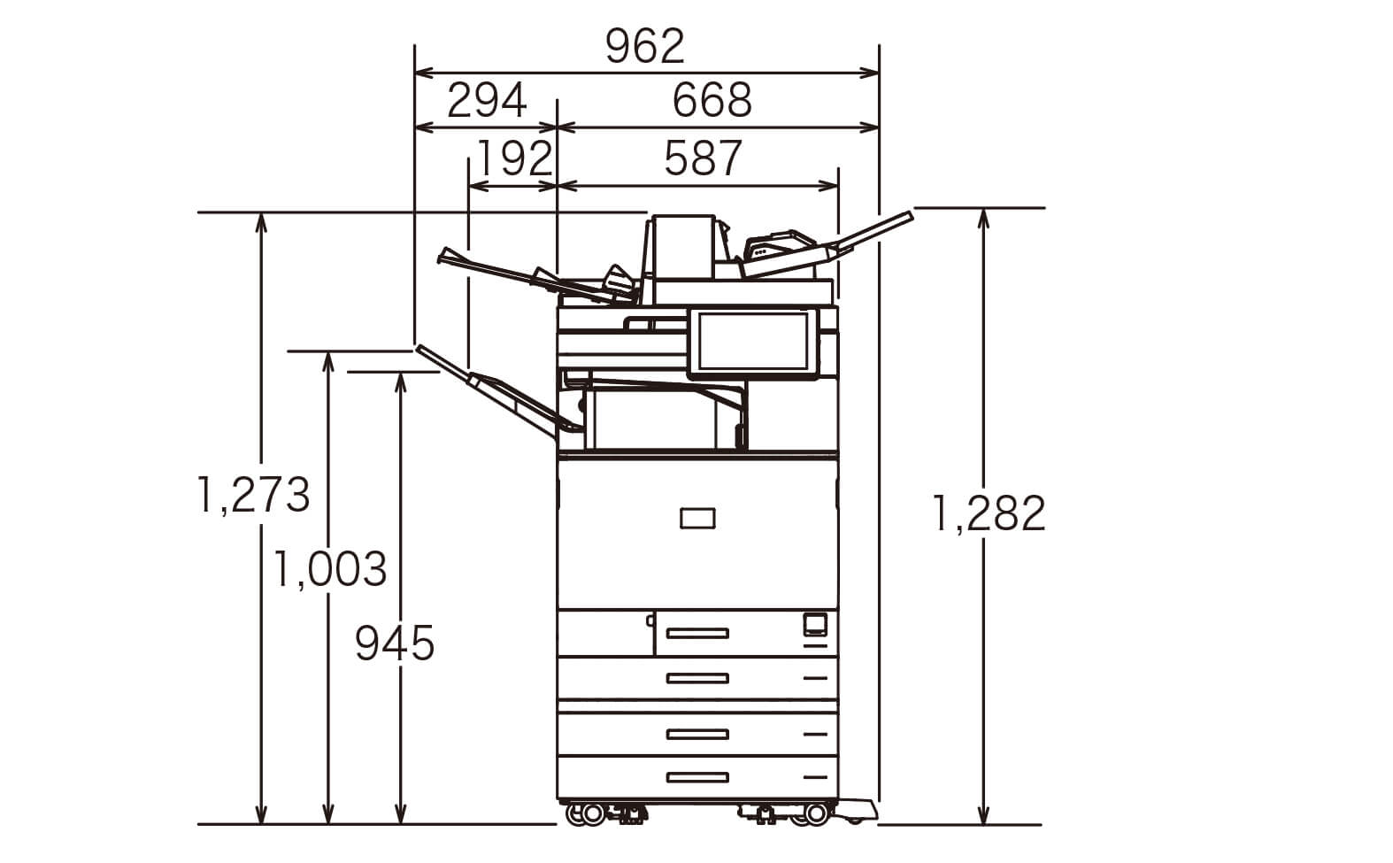 後述の内容を表した寸法図（本体正面図）。最大幅962mm、高さ1,282mm