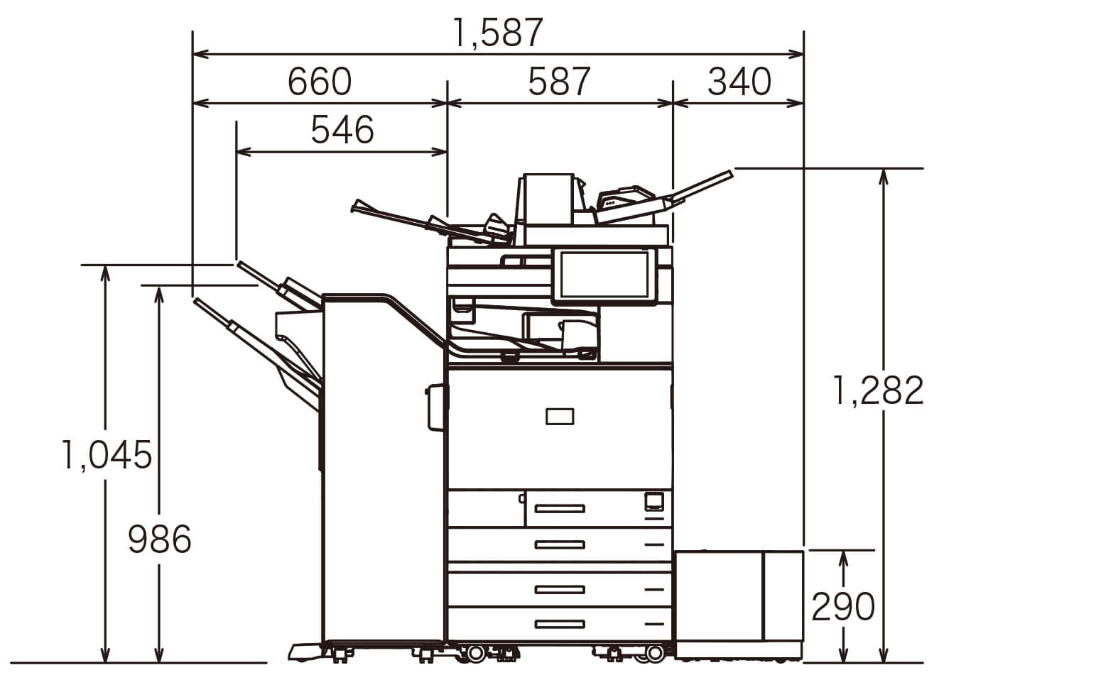 後述の内容を表した寸法図（本体正面図）。最大幅1,587mm、高さ1,282mm