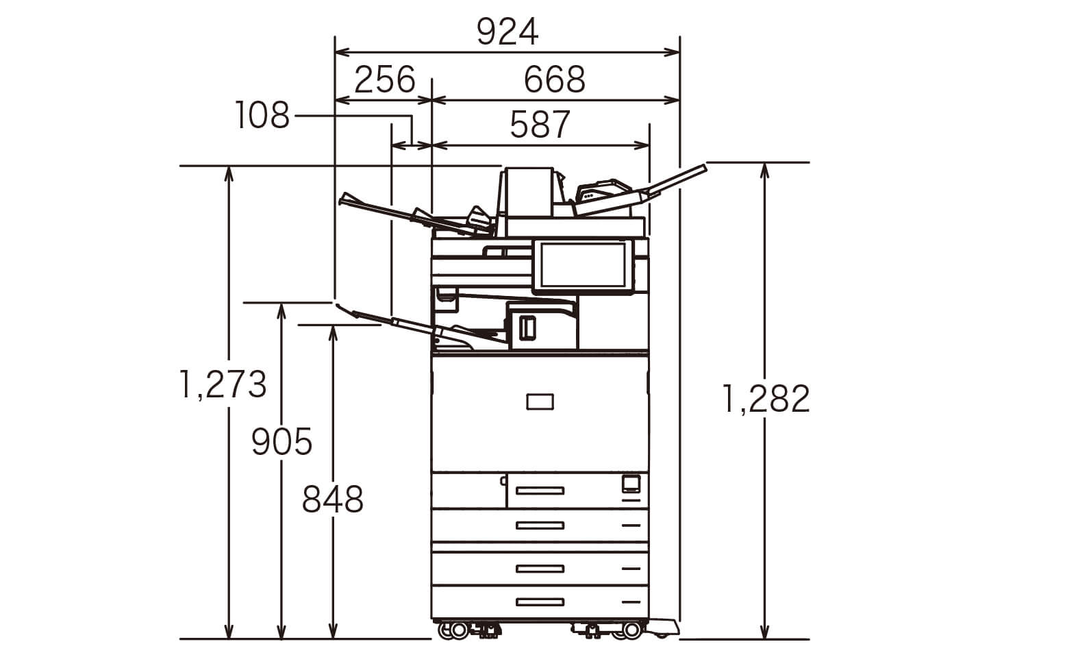 後述の内容を表した寸法図（本体正面図）。最大幅924mm、高さ1,282mm