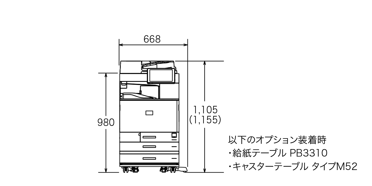 以下のオプション装着時の寸法図（給紙テーブル PB3310、キャスターテーブル タイプM52）