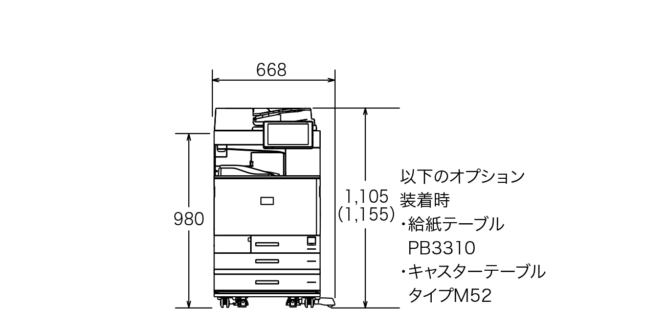 以下のオプション装着時の寸法図（給紙テーブル PB3310、キャスターテーブル タイプM52）