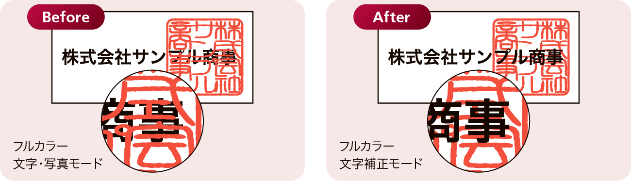 画像：フルカラー文字・写真モード、フルカラー文字補正モードの比較