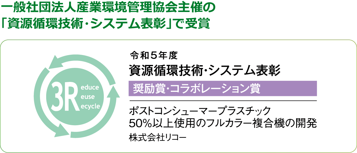 一般社団法人産業環境管理協会主催の令和5年度「資源循環技術・システム表彰」で「奨励賞・コラボレーション賞」を受賞。ポストコンシューマープラスチック50％以上使用のフルカラー複合機の開発