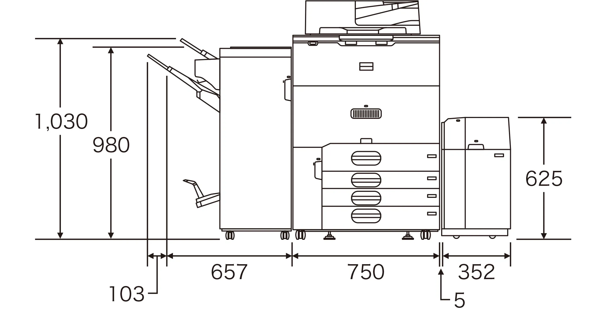 最大幅1,867mm、延長ガイド使用時のフィニッシャー高さ1,030mm、フィニッシャー天面までの高さ980mm