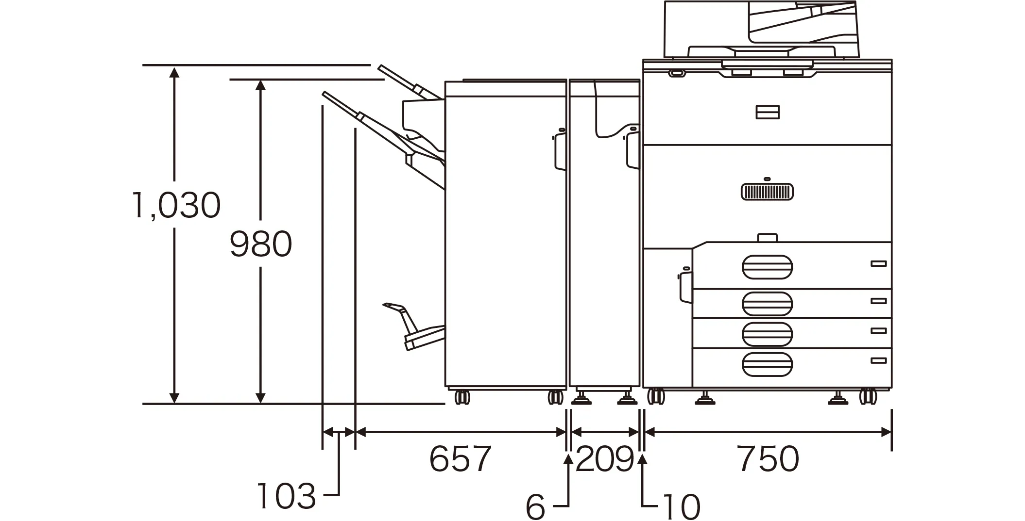 最大幅1,735mm、延長ガイド使用時のフィニッシャー高さ1,030mm、フィニッシャー天面までの高さ980mm