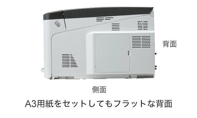 本体を側面から見た画像、A3用紙をセットしてもフラットな背面