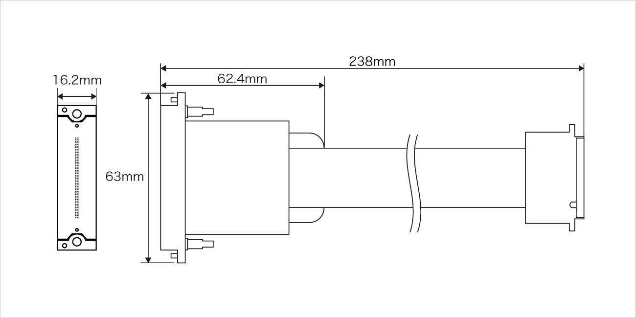 幅：約63ミリメートル、奥行：約16.2ミリメートル、高さ：約62.4ミリメートル。全長（ケーブル含む）238ミリメートル（標準）