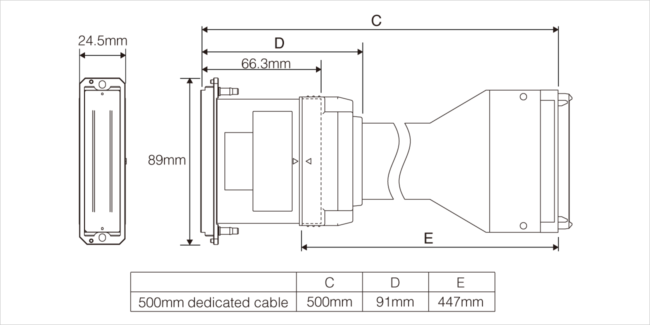 幅：約89ミリメートル、奥行：約24.5ミリメートル、高さ：約66.3ミリメートル。全長（ケーブル含む）500ミリメートル