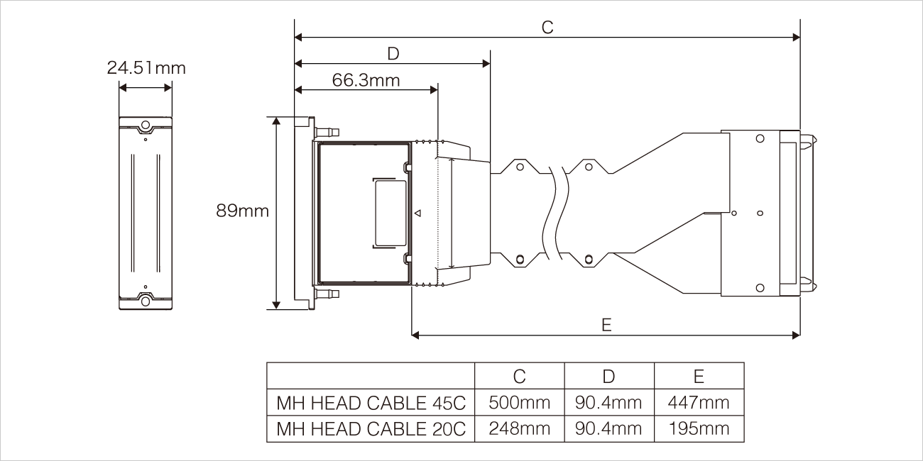 幅：約89ミリメートル、奥行：約24.51ミリメートル、高さ：約66.3ミリメートル。全長（MH ヘッドケーブル 45C含む）：500ミリメートル、D：90.4ミリメートル、E：447ミリメートル。全長（MH ヘッドケーブル 20C含む）：248ミリメートル、D：90.4ミリメートル、E：195ミリメートル