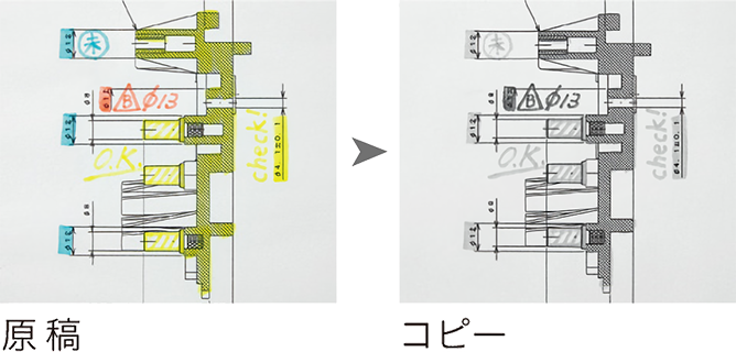 黄色の蛍光ペンで書きこんだ原稿をコピーした場合を図示