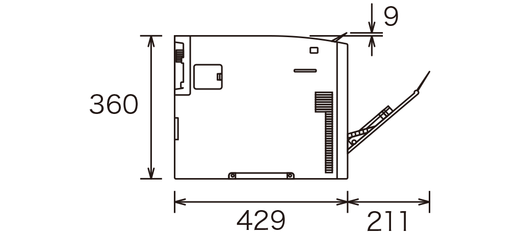 本体の奥行き429mm、手差しトレイの開き奥行方向に211mm、本体の高さ360mm、排紙トレイ用紙フェンスの開き高さ方向に9mm