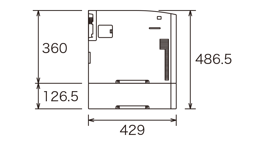 奥行き429mm、本体の高さ360mm、増設トレイ1段の高さ126.5mm、本体と増設トレイ1段の合計高さ486.5mm