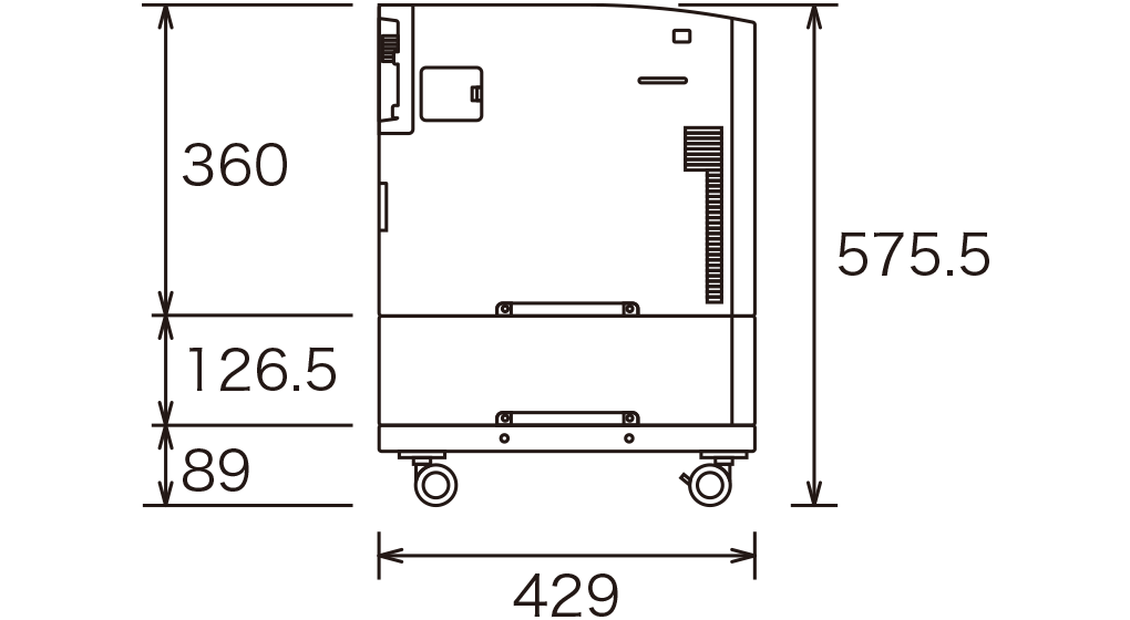 奥行き429mm、本体の高さ360mm、増設トレイ1段の高さ126.5mm、キャスターテーブルの高さ89mm、本体と増設トレイ1段とキャスターテーブの合計高さ575.5mm