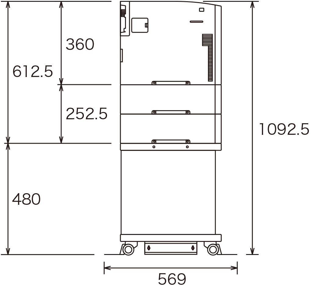 奥行き569mm、本体高さ360mm、増設トレイ2段の高さ252.5mm、本体と増設トレイ2段の合計高さ612.5mm、サプライテーブルの高さ480mm、本体と増設トレイ2段とサプライテーブルの合計高さ1092.5mm