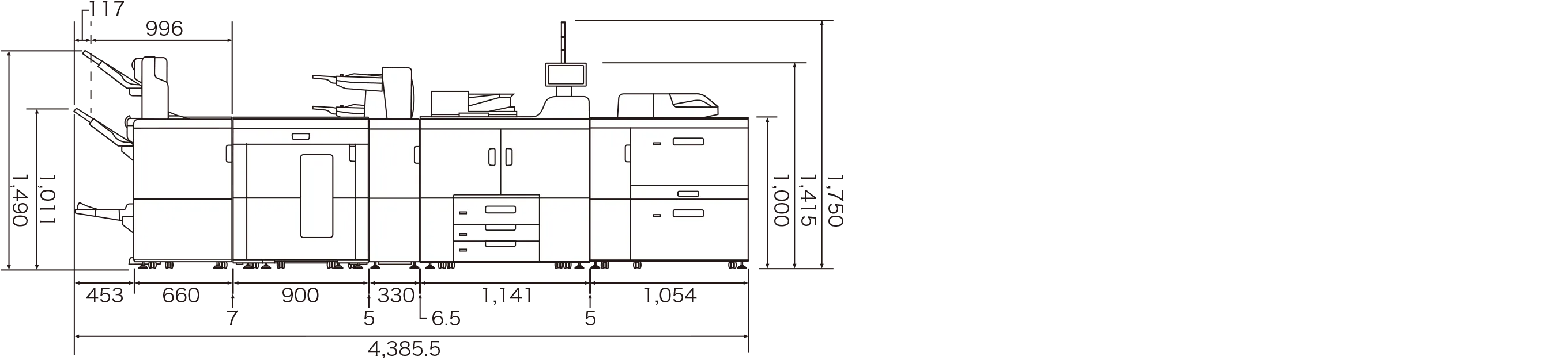 幅4,385.5、高さ1,750。RICOH Pro 8420Sまたは8410Sに、次のオプションを装着時。3500枚フィニッシャー SR5120、インサートフィーダー CI5040、5000枚スタッカー SK5040、エアピック式A3LCT RT5150、手差しトレイ BY5020、手差しトレイ接続キット タイプS9