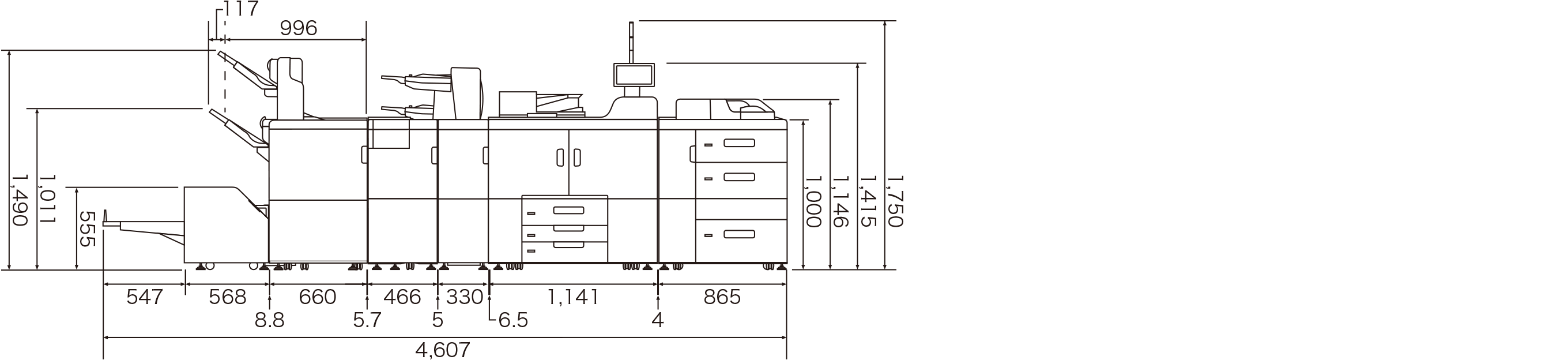 幅4,607、高さ1,750。RICOH Pro 8420Sまたは8410Sまたは8400Sに、次のオプションを装着時。3500枚フィニッシャー SR5120、インサートフィーダー CI5040、オペレーターコールライト タイプP11（RICOH Pro 8400Sのみ）、リコー トリマー TR5050、A3LCT RT5170、紙折りユニット FD5020、手差しトレイ BY5020