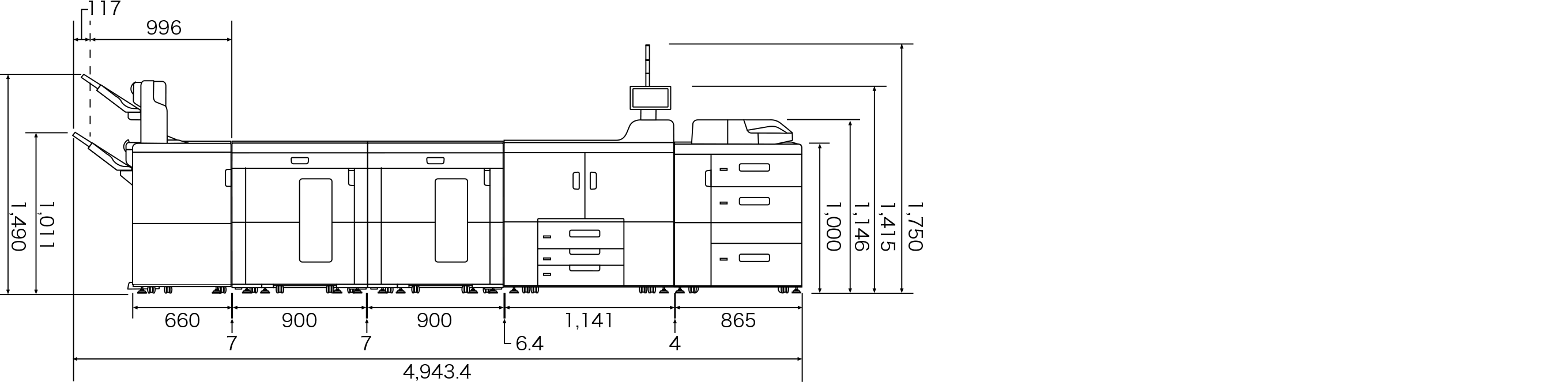 幅4,943.4、高さ1,750。RICOH Pro 8420Y/8420HTまたは8410Y/8410HTに、次のオプションを装着時。4500枚フィニッシャー SR5110GH、A3LCT RT5170GH、5000枚スタッカー SK5040GH ×2台、リコー 手差しトレイ BY5020GH