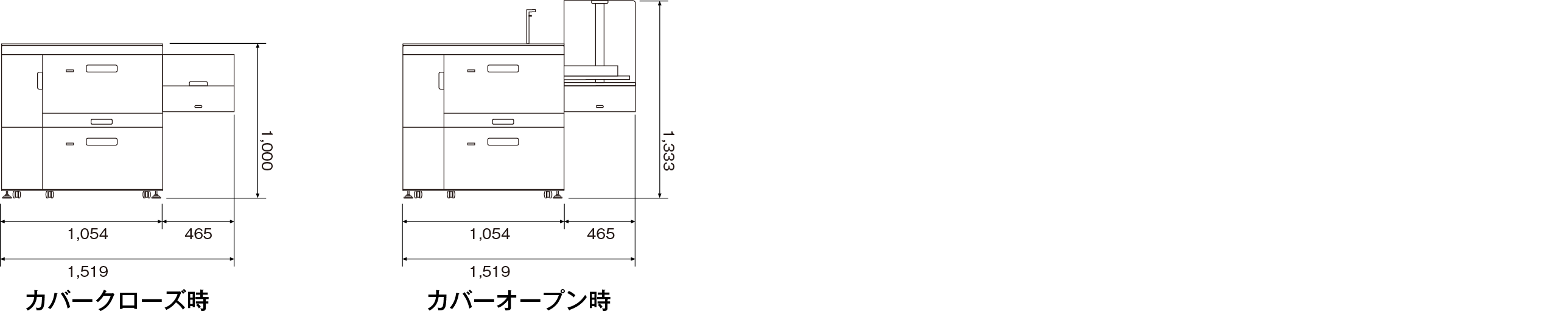 画像：A3LCT長尺用紙拡張キット XL タイプS14装着時 エアピック式A3LCT RT5150 外形寸法