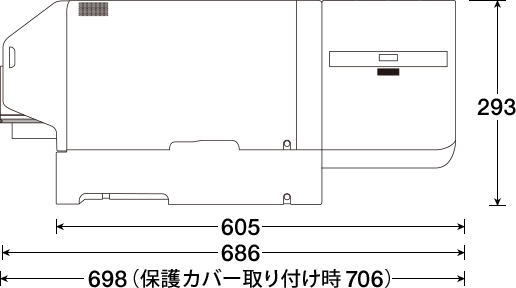 設置時の奥行き698mm、保護カバー取り付け時の奥行き706mm、高さ293mm