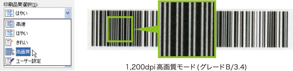 1,200dpi×1,200dpiの印刷サンプルを図示