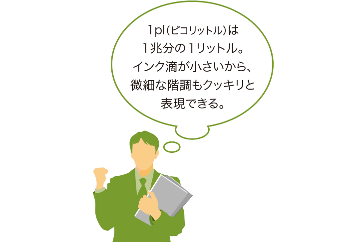 1ピコリットルは1兆分の1リットル。インク滴が小さいから、微細な階調もくっきりと表現できる。