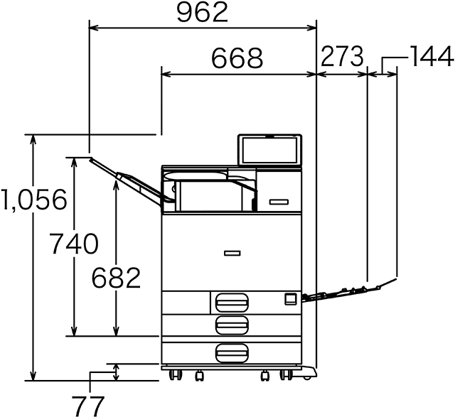 オプション（500枚給紙テーブル C840 紙折り中継ユニット C840 専用キャスター C840）装着時 前面図