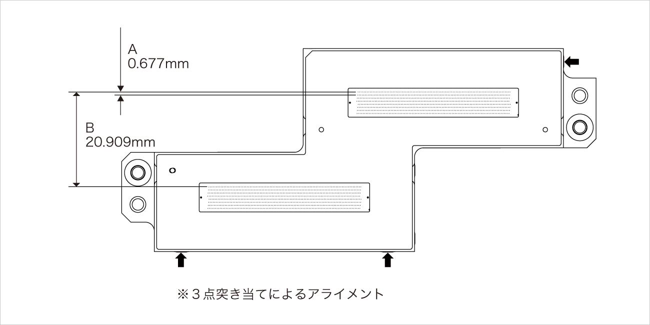 ノズル列間オフセットA：0.677ミリメートル、B：20.909ミリメートル。※３点突き当てによるアライメント