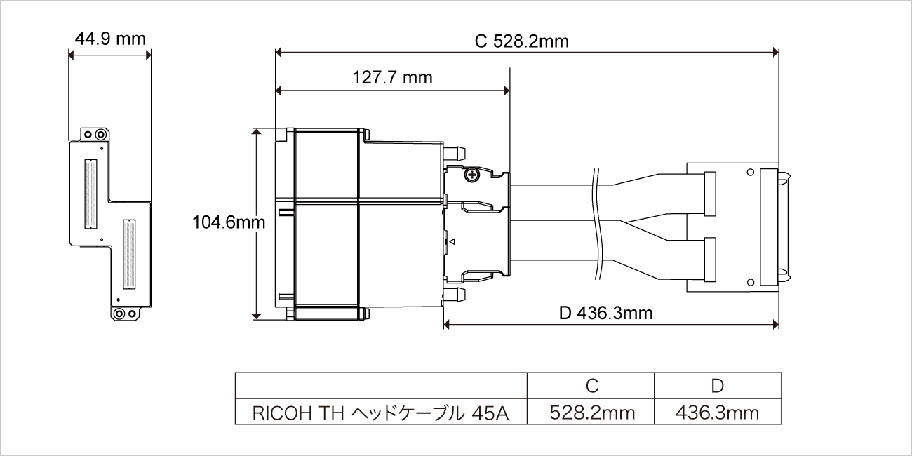 幅：104.6ミリメートル、奥行：44.9ミリメートル、高さ：127.7ミリメートル。全長（RICOH TH ヘッドケーブル 45A含む）：528.2ミリメートル、D：436.3ミリメートル