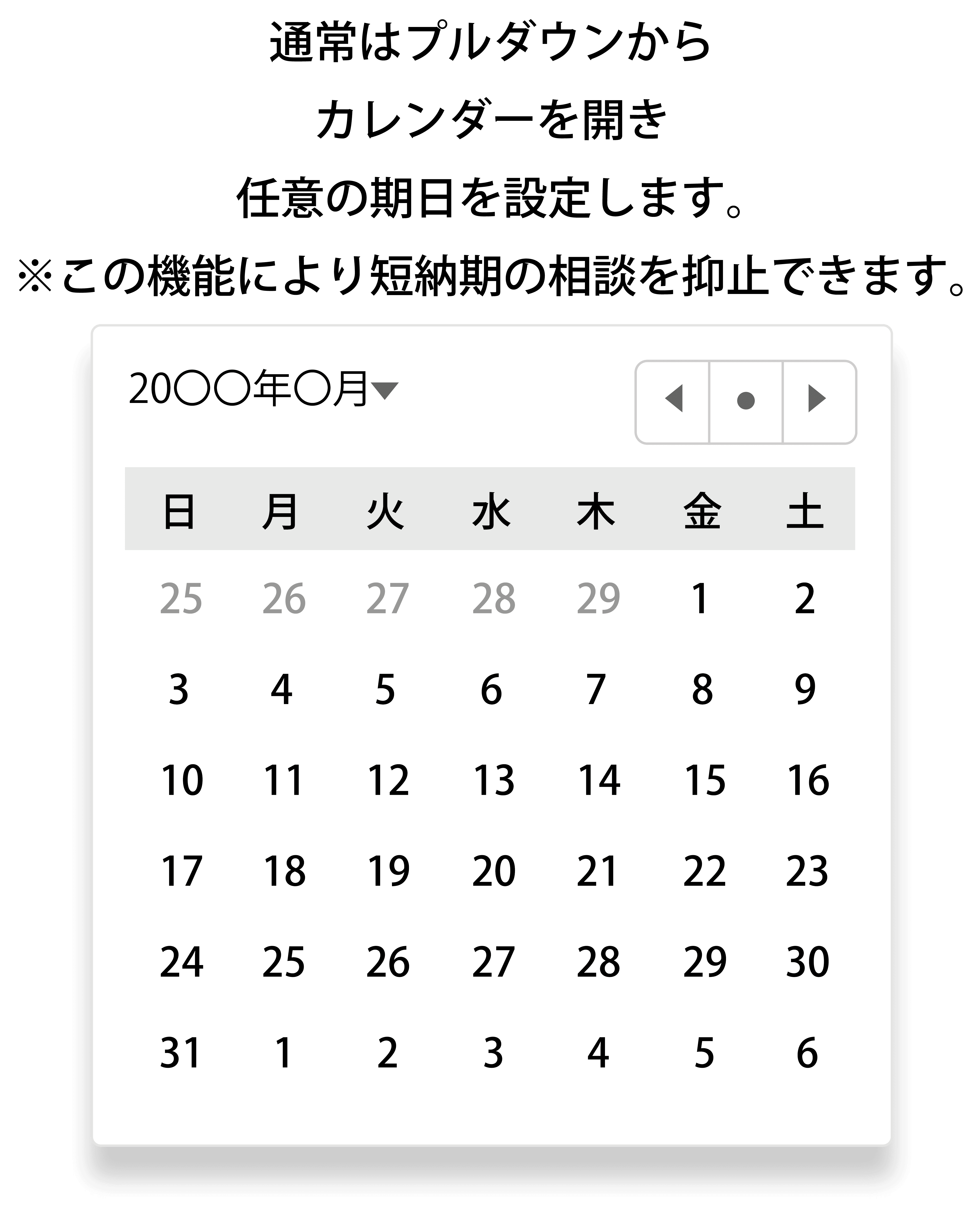 通常はプルダウンからカレンダーを開き任意の期日を設定します。※この機能により短納期の相談を抑止できます。