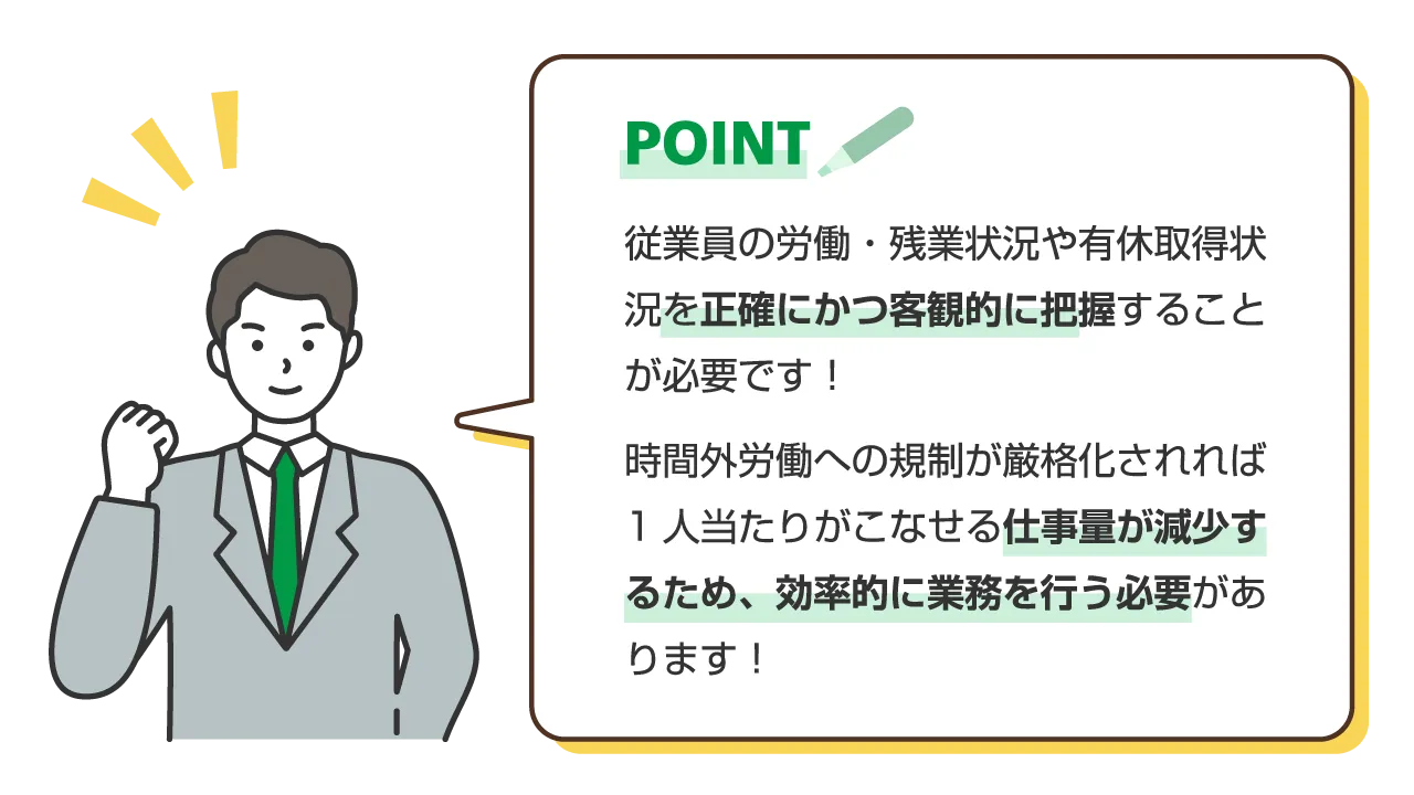 POINT、従業員の労働・残業状況や有休取得状況を正確にかつ客観的に把握することが必要です。時間外労働への規制が厳格化されれば1人当たりがこなせる仕事量が減少するため、効率的に業務を行う必要があります。