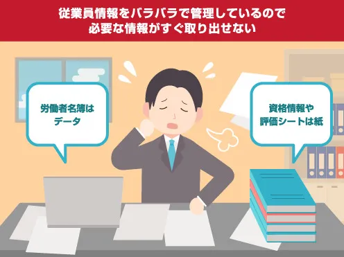 画像：従業員情報をバラバラで管理しているので必要な情報がすぐ取り出せない