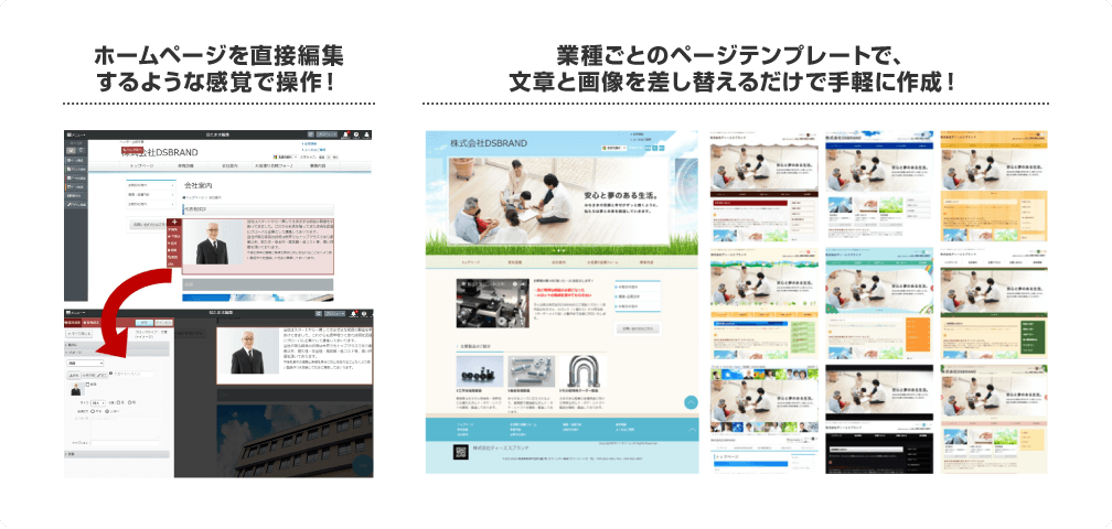 ホームページを直接編集するような感覚で操作！業種ごとのページテンプレートで、文章と画像を差し替えるだけで手軽に作成！