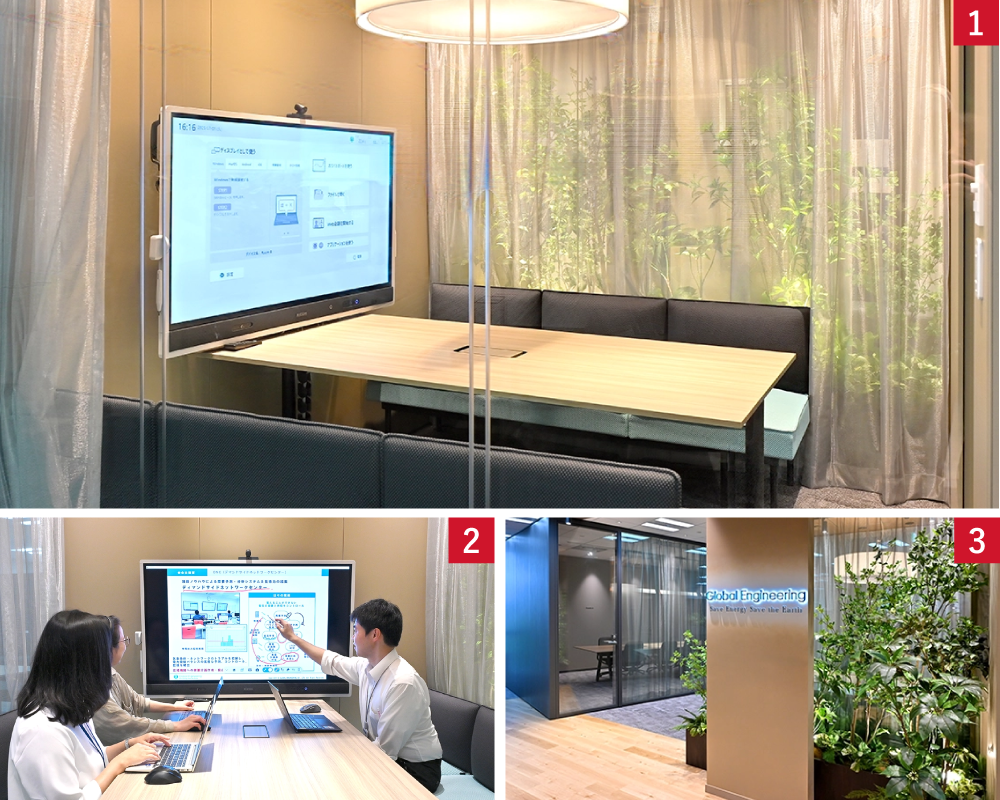 前述の1、2、3の内容が写されたオフィス内の風景写真