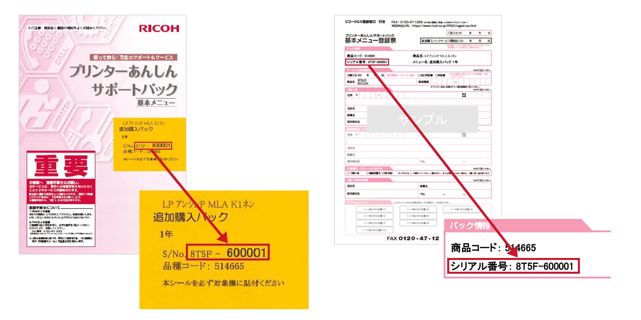 追加購入パックのパッケージ表面と登録票のサンプル画像