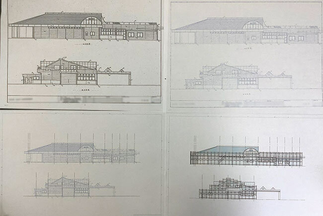 元の図面（左上）をスキャンしCADデータ化（右上）、その後に足場を書き込んで（左下）最終的な施工計画（右下）を策定する