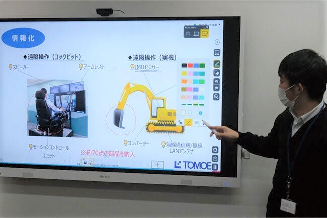 会議室に設置された電子黒板を使い、取扱商品について説明する海士部豪マネージャー