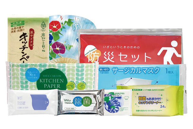 ウエットティッシュやキッチンペーパー、カイロや入浴剤など取り扱うアイテムも数多くある