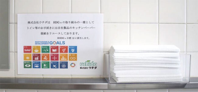SDGsに貢献していることを随所に表示することで、社員の意識の向上を行っている