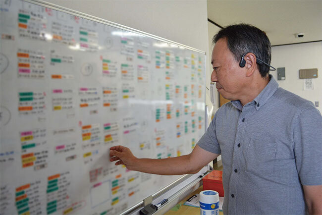 訪問看護スタッフのスケジュールボードをチェックする藤川社長。スタッフと訪問先の都合を調整するのも大切な作業だ