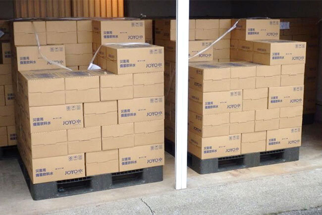 筑波大との連携で生まれた災害用備蓄飲料水「JOYO水」を保管している倉庫