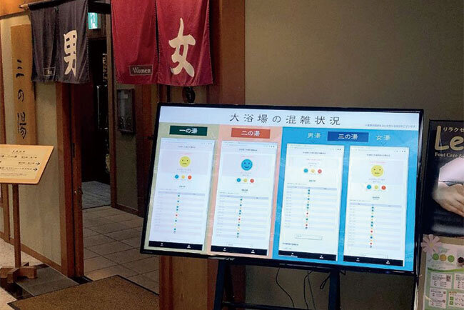大浴場のフロアに設置しているデジタルサイネージ
